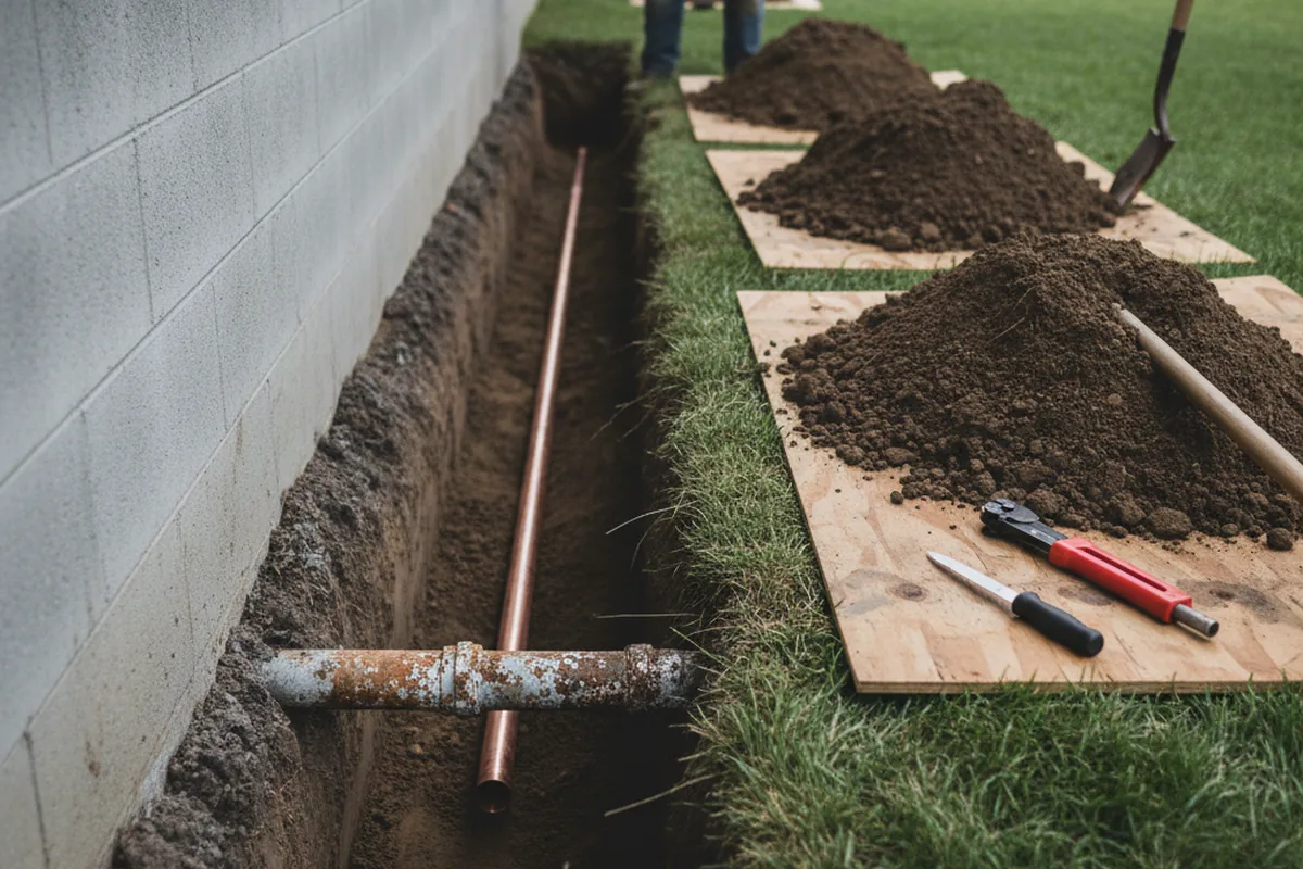 Excavated water line trench during Water Heater Repair in North East